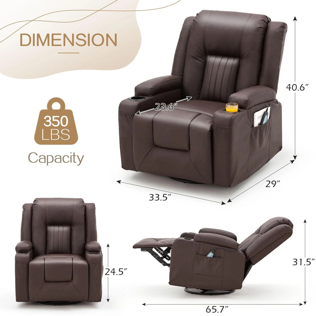AECOJOY Massage Recliner Manual Chair with Heating & 360° Swivel Rocking Function, Brown