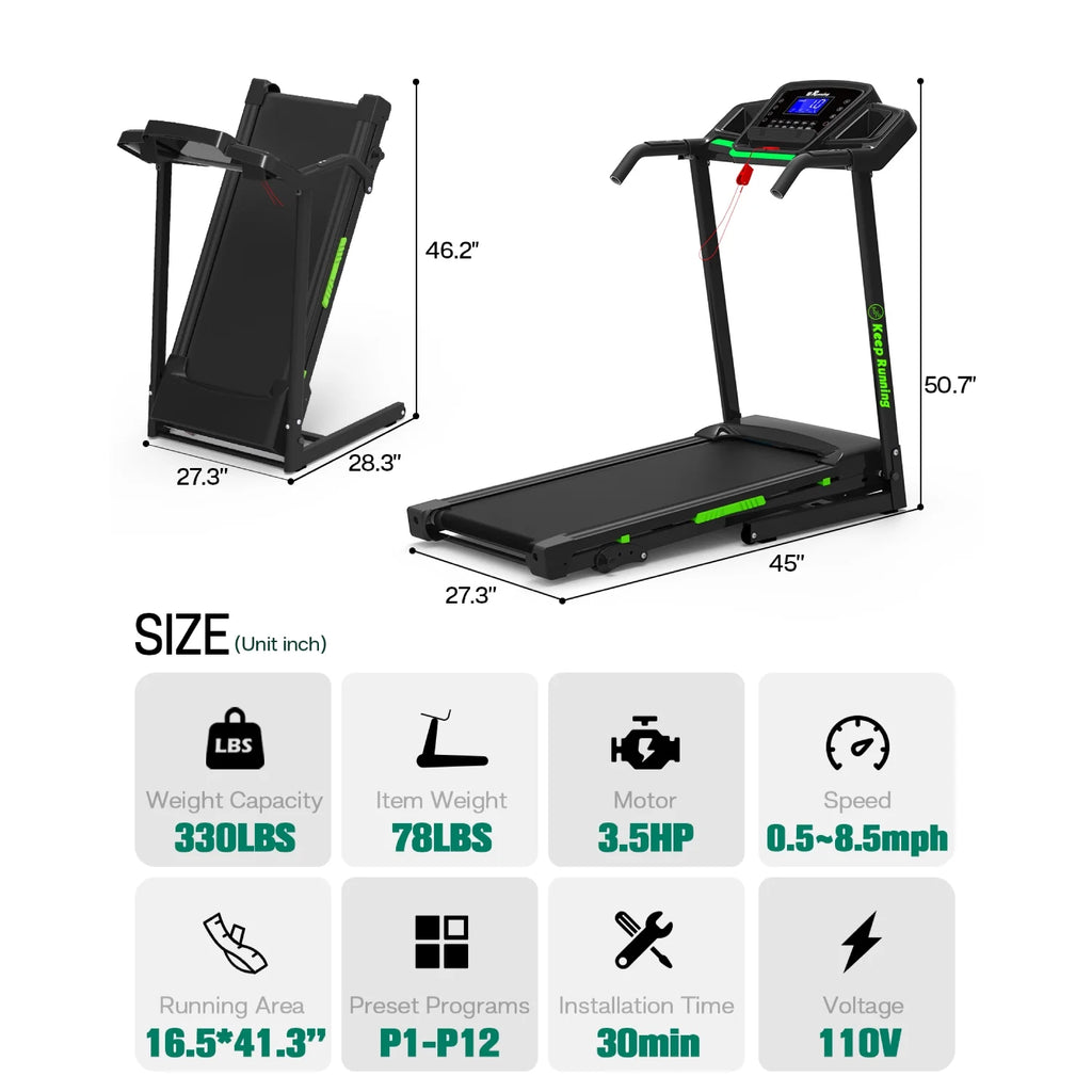 3.5HP 330 lb Weight Foldable Electric Running Walking Machine with Bluetooth/APP for Home, Fitness Jogging Exercise, Easy Installation and Space Saver for Home Office Gym