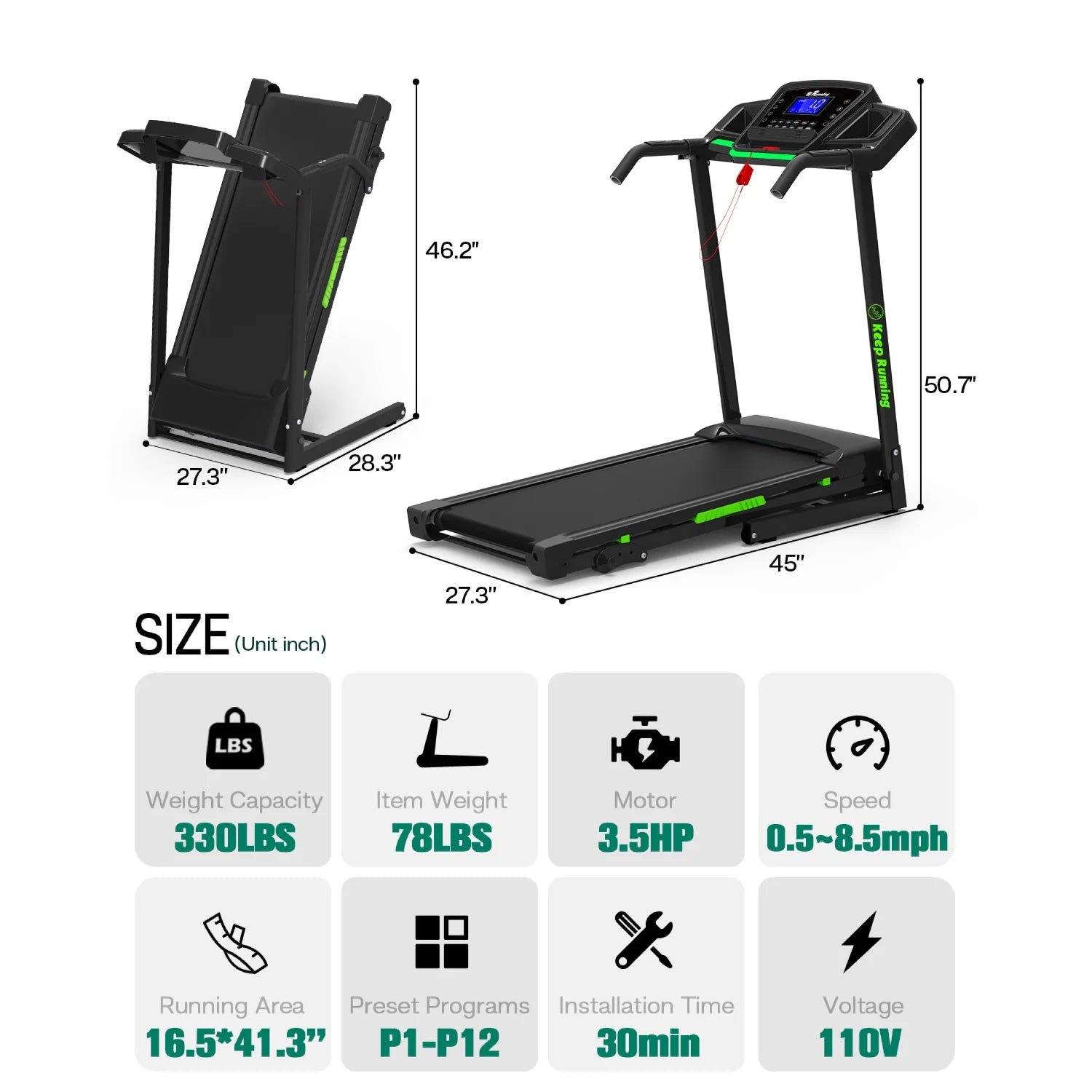 3.5HP 330 lb Weight Foldable Electric Running Walking Machine with Bluetooth/APP for Home, Fitness Jogging Exercise, Easy Installation and Space Saver for Home Office Gym