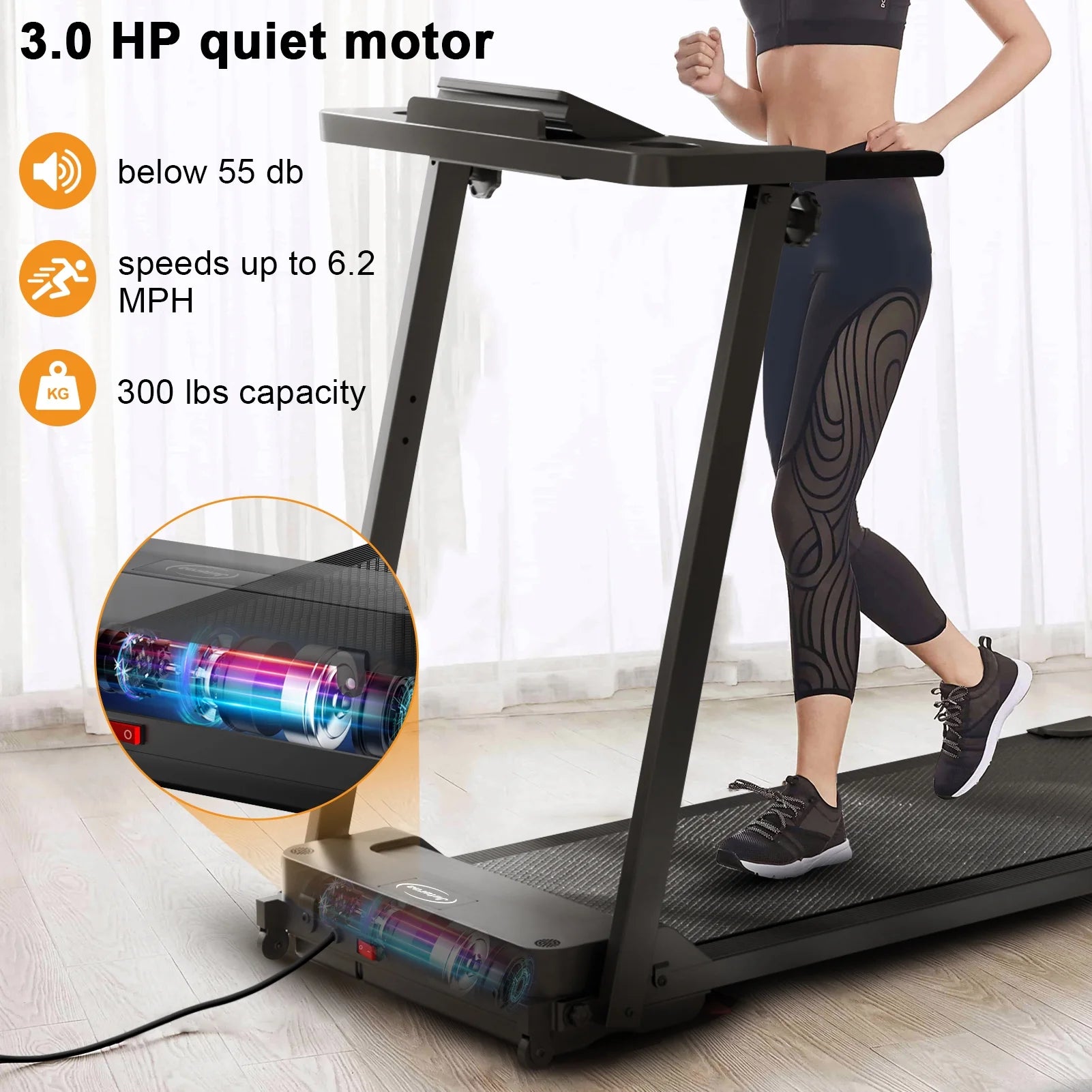 300 lb Portable Folding Treadmill, 3.0 HP Foldable Compact Treadmill for Home Office, Walking Running Treadmill with LED Display for Exercise