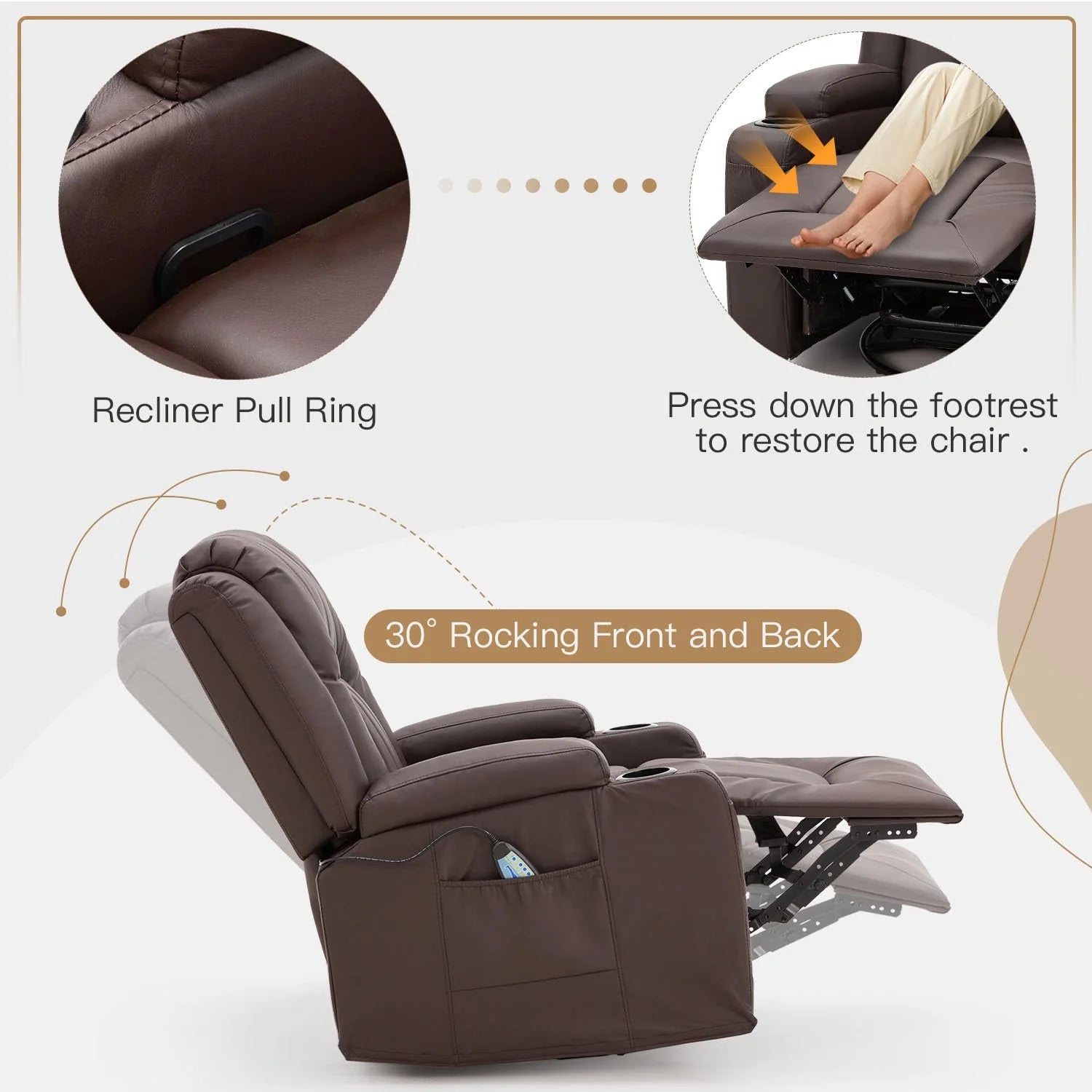AECOJOY Massage Recliner Manual Chair with Heating & 360° Swivel Rocking Function, Brown