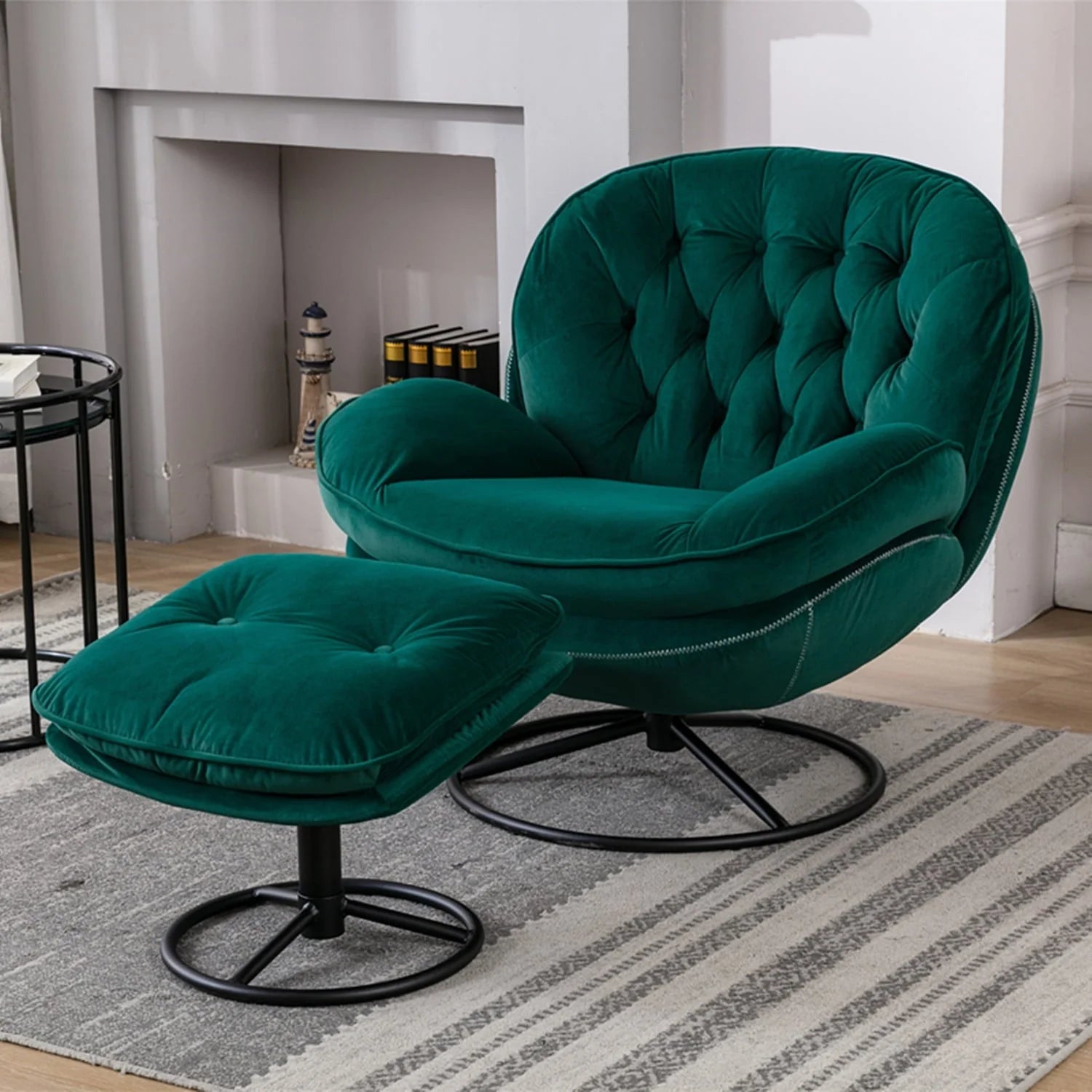 Velvet Swivel Accent Chair with Ottoman Set, Modern Lounge Chair with Footrest and Metal Base Comfy Armchair with 360 Degree Swiveling Single Sofa Chair Accent Chairs for Living Room, Green