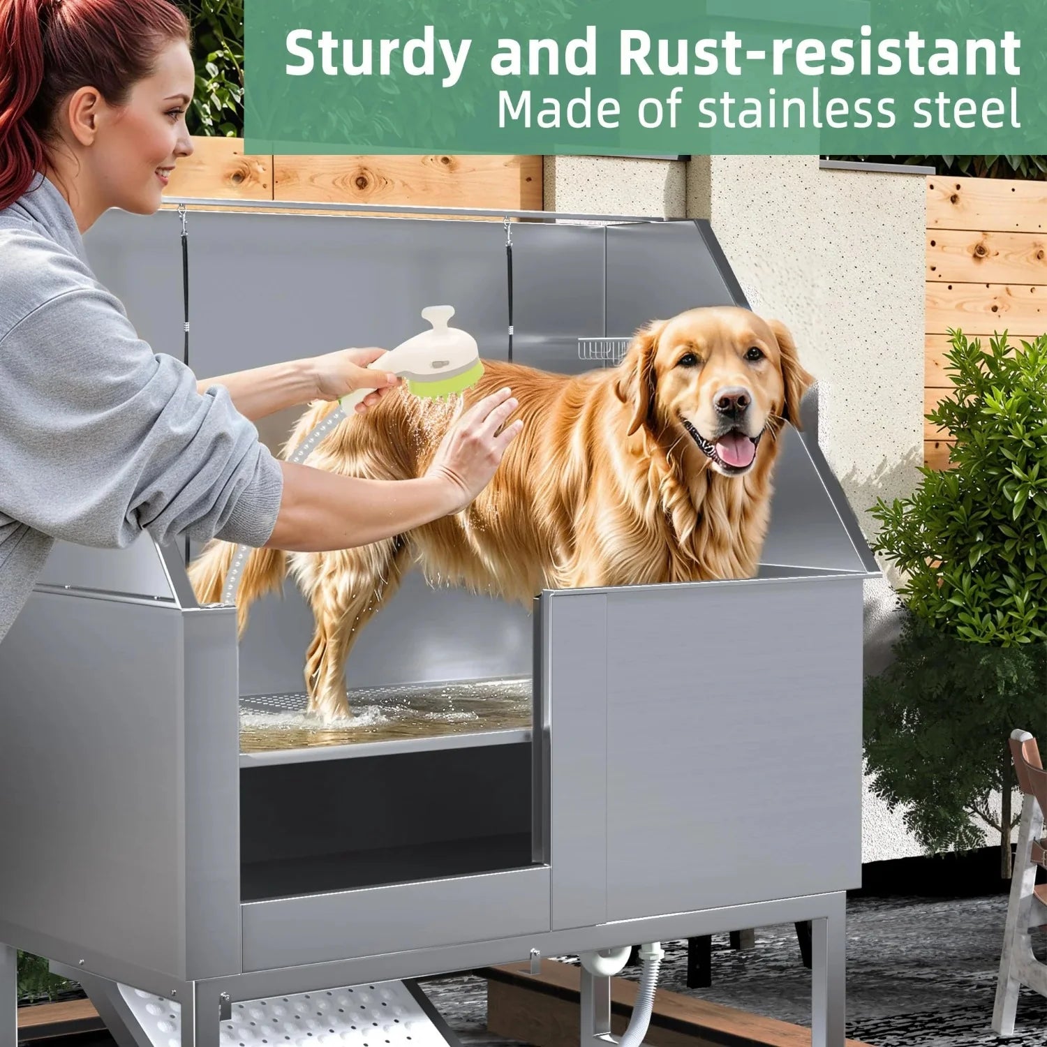 AECOJOY 50'' Professional Stainless Steel Dog Washing Station, Height Adjustable Pet Grooming Dog Bathtub with Ramp