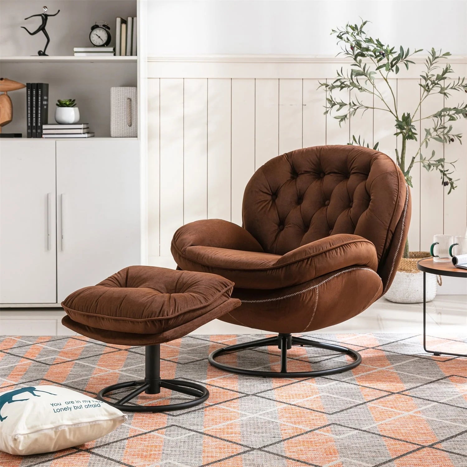 Velvet Swivel Accent Chair with Ottoman Set, Modern Lounge Chair with Footrest and Metal Base Comfy Armchair with 360 Degree Swiveling Single Sofa Chair Accent Chairs for Living Room, Green