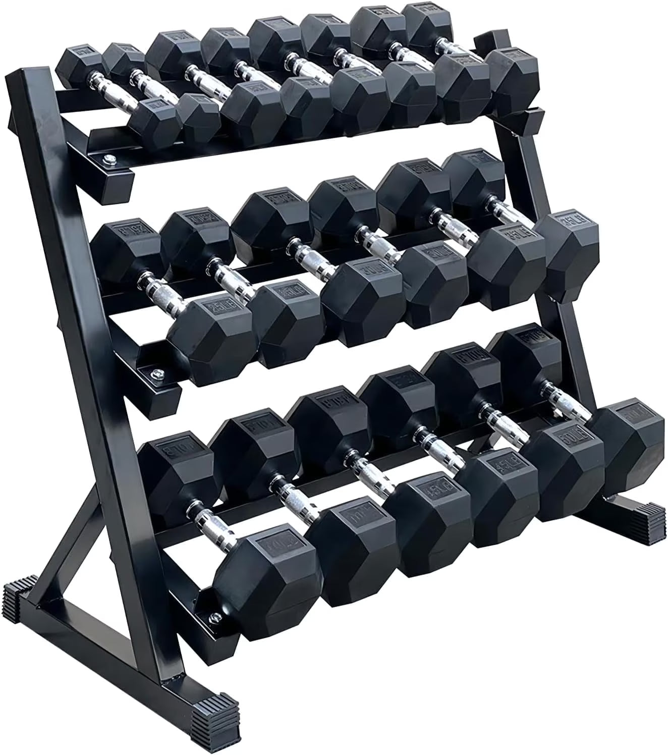 350 lb Hex Dumbbell Set with Rack, 5 - 50 lb Pairs - Rubber Coated Iron Weights for Home Gym, Strength Training & Muscle Building