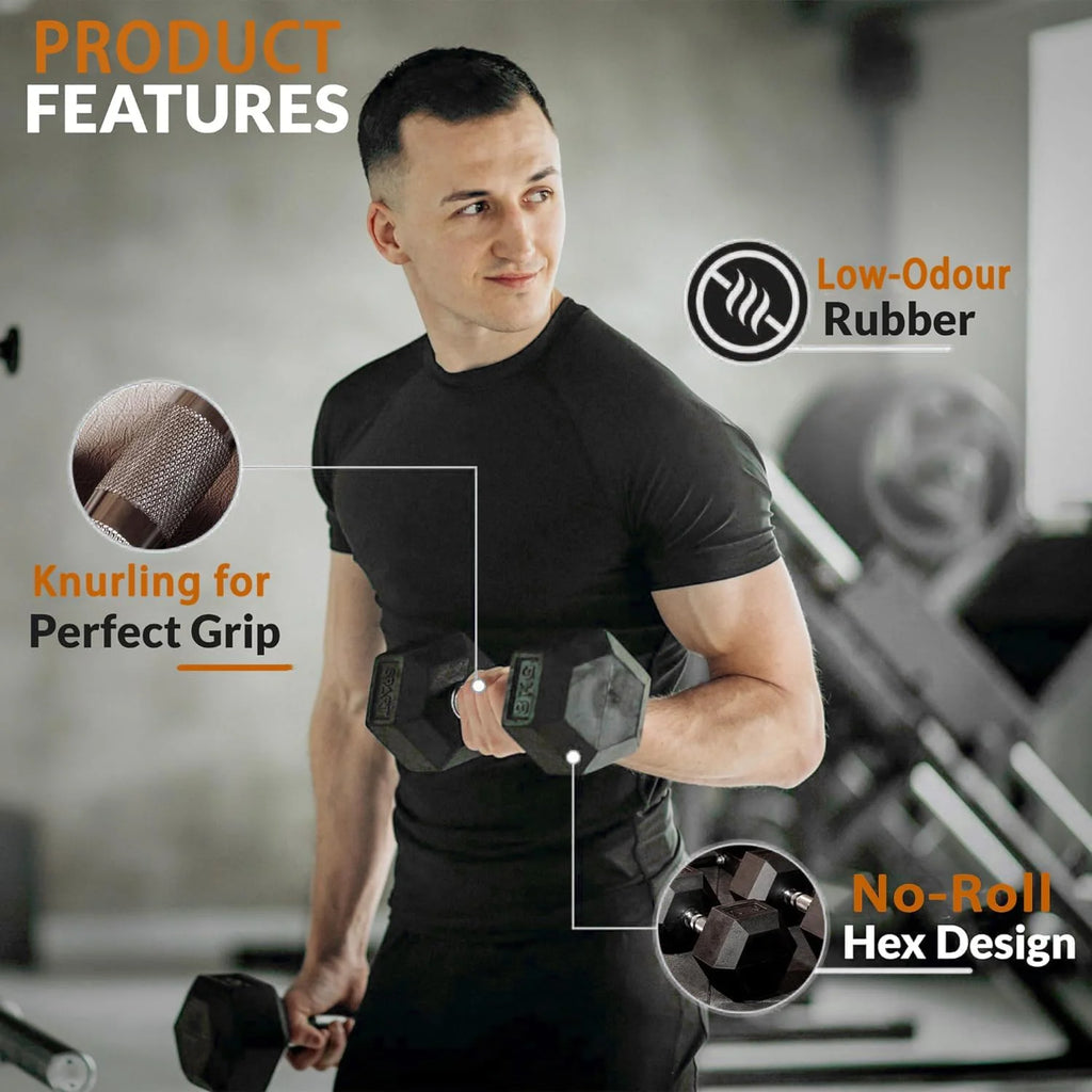 350 lb Hex Dumbbell Set with Rack, 5 - 50 lb Pairs - Rubber Coated Iron Weights for Home Gym, Strength Training & Muscle Building