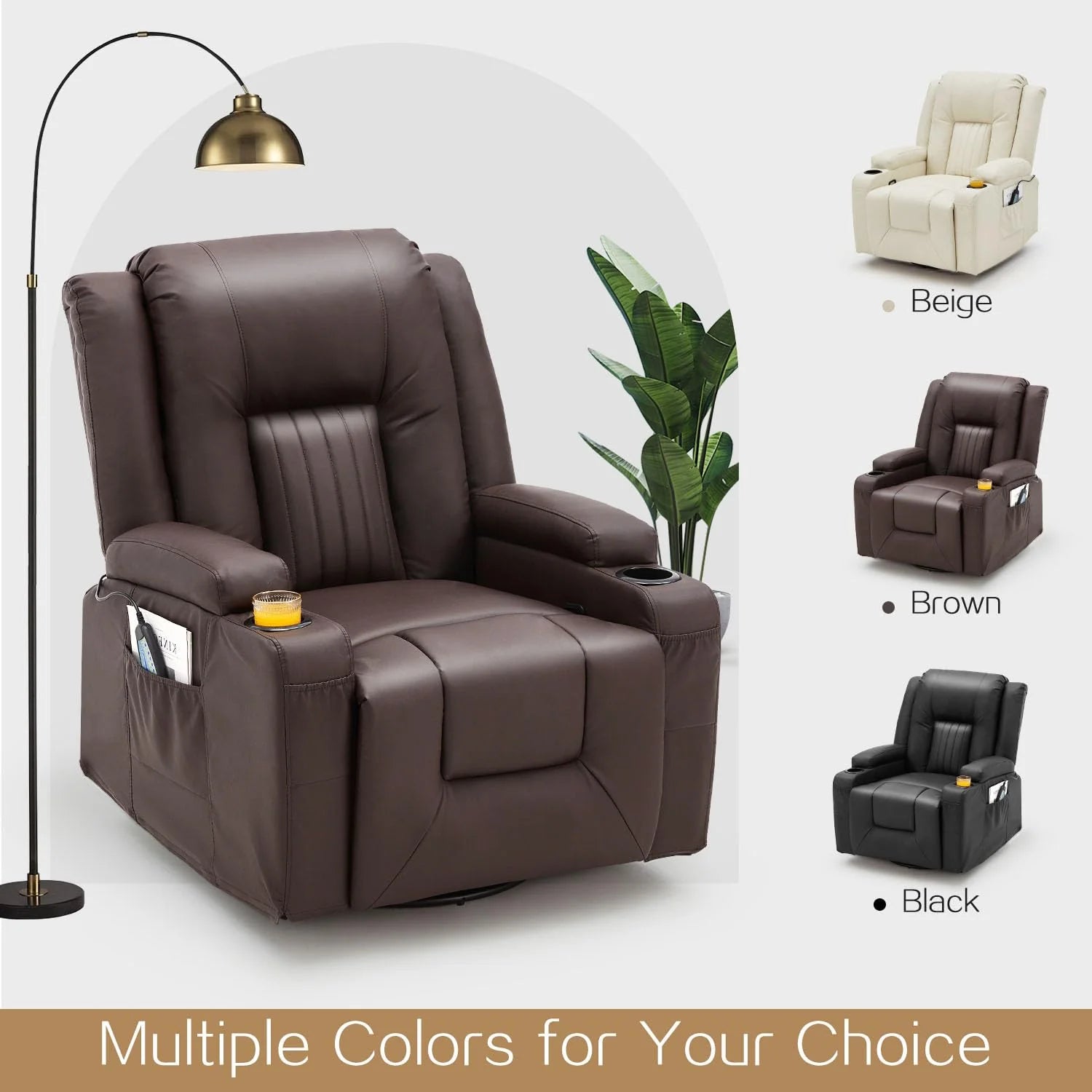 AECOJOY Massage Recliner Manual Chair with Heating & 360° Swivel Rocking Function, Brown