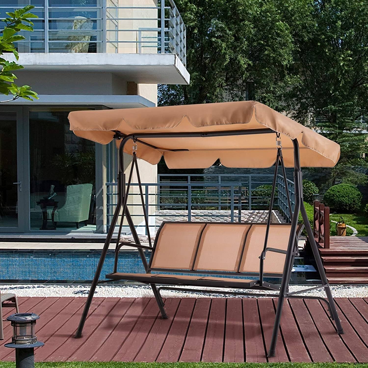 Mcombo Outdoor Patio Canopy Swing Chair 3-Person, Steel Frame Textilence SEATS Swing Glider, 4507 (Beige)