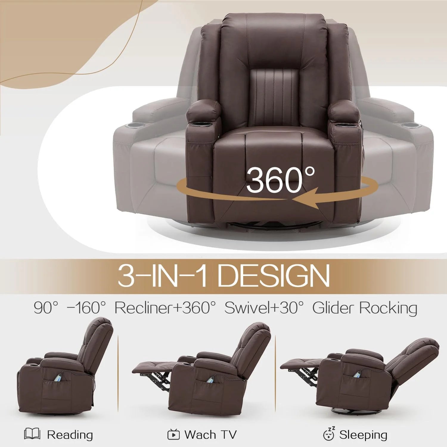 AECOJOY Massage Recliner Manual Chair with Heating & 360° Swivel Rocking Function, Brown