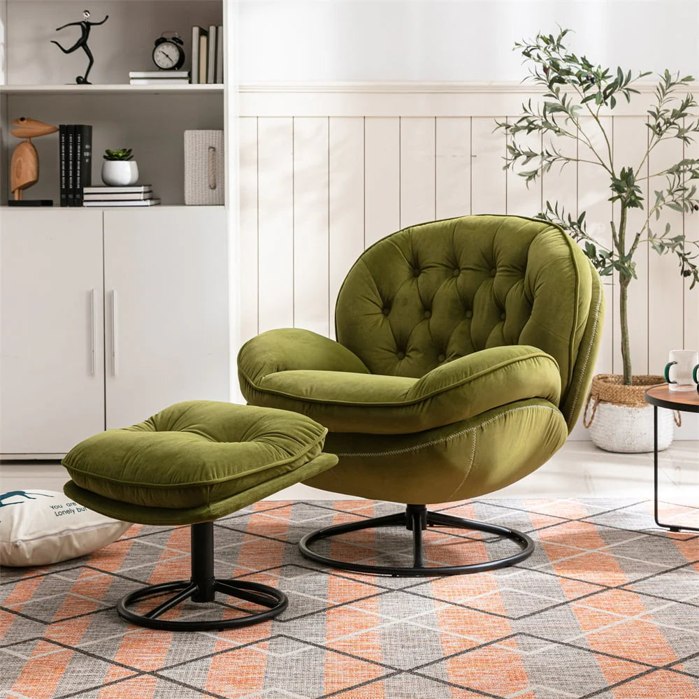 Velvet Swivel Accent Chair with Ottoman Set, Modern Lounge Chair with Footrest and Metal Base Comfy Armchair with 360 Degree Swiveling Single Sofa Chair Accent Chairs for Living Room, Green