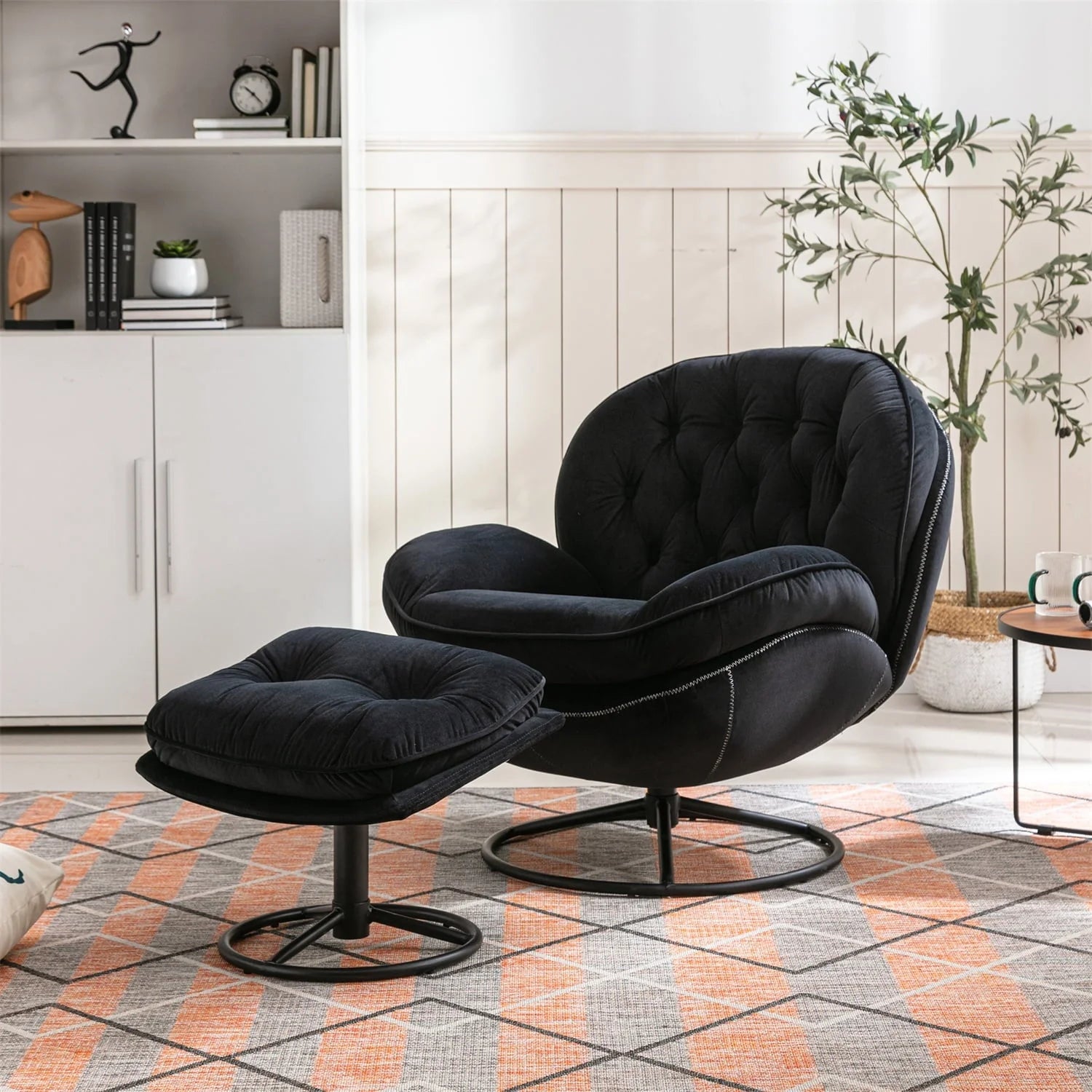 Velvet Swivel Accent Chair with Ottoman Set, Modern Lounge Chair with Footrest and Metal Base Comfy Armchair with 360 Degree Swiveling Single Sofa Chair Accent Chairs for Living Room, Green