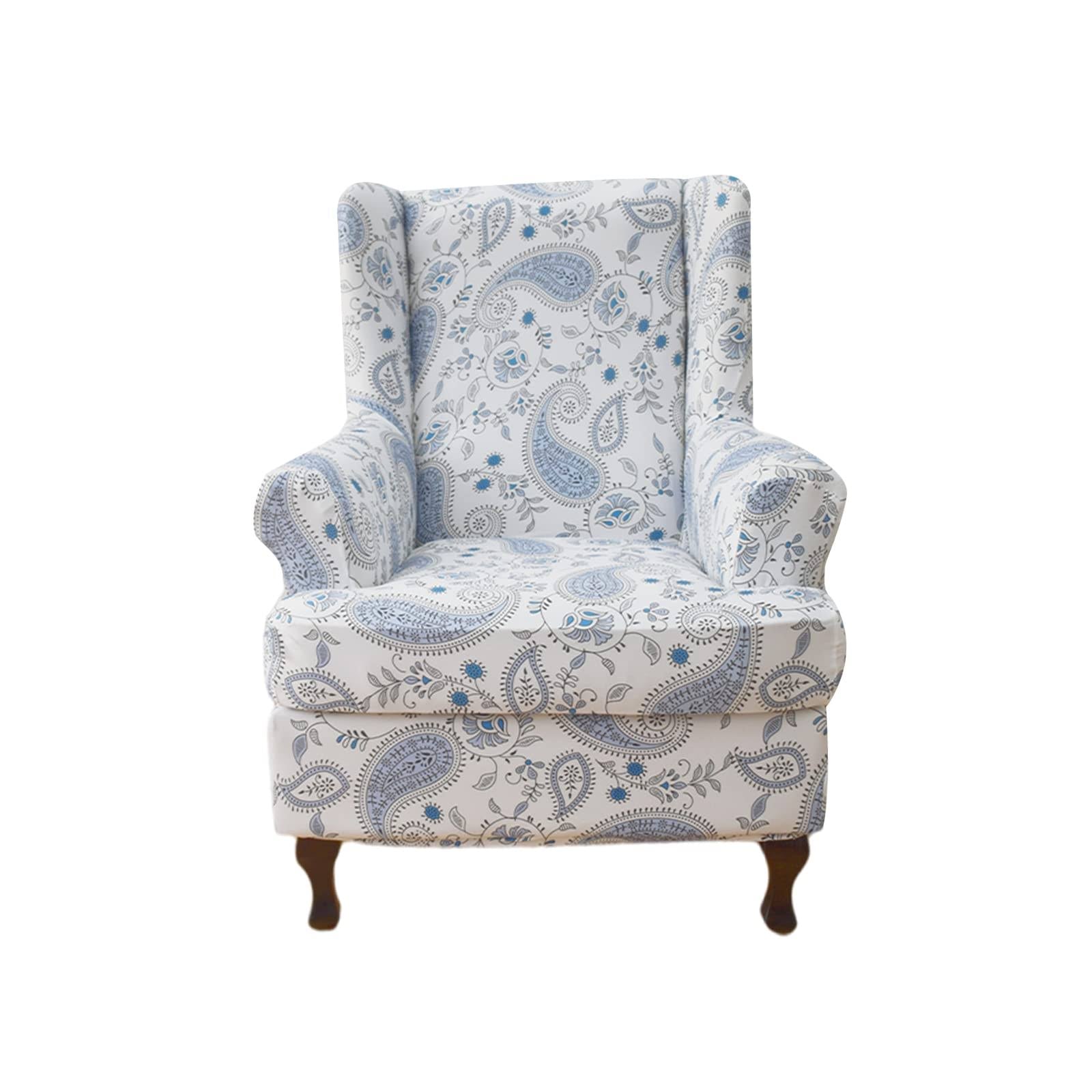 Wing Chair Slipcovers 2 Pieces Stretch Spandex Wingback Chair Covers Sofa Slipcover Printing Wingback Armchair Slipcovers Furniture Protector Couch
