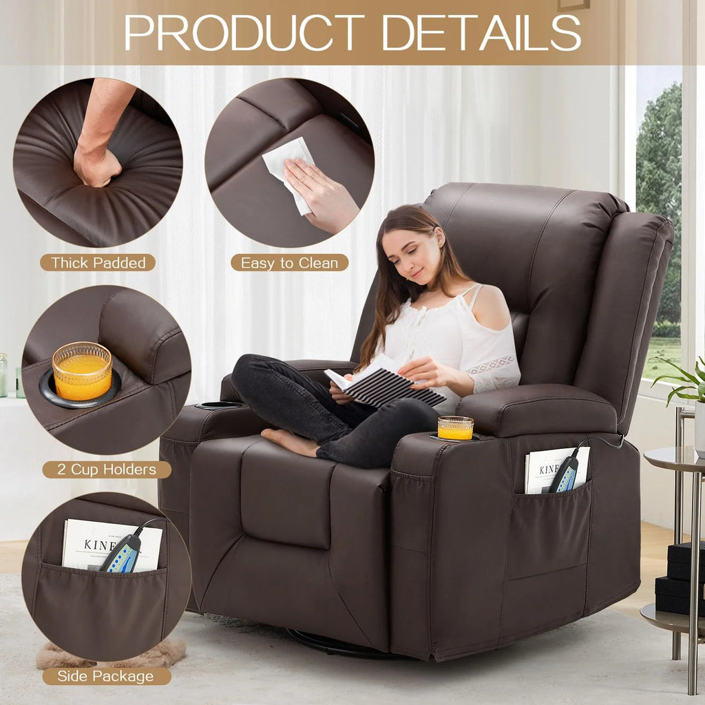 AECOJOY Massage Recliner Manual Chair with Heating & 360° Swivel Rocking Function, Brown